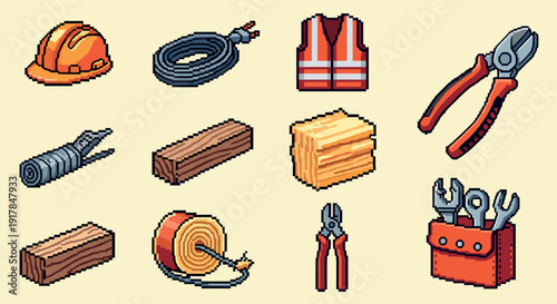 Pixel art construction tools set featuring safety gear and equipment