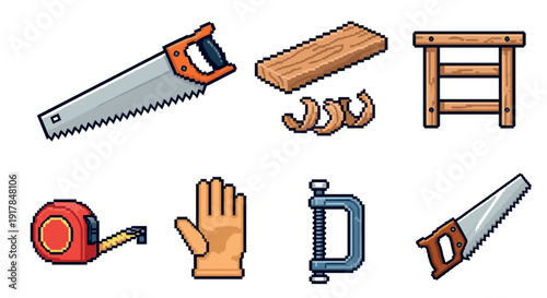 Pixel art carpentry tools collection: saw, wood, measuring tape, clamp, glove