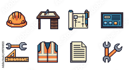 Pixel art construction icons: tools, safety, and planning