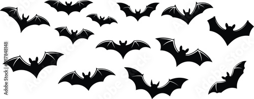 Flock of black bat silhouettes flying on white background, group of spooky nocturnal animals isolated, Halloween nature design elements,
