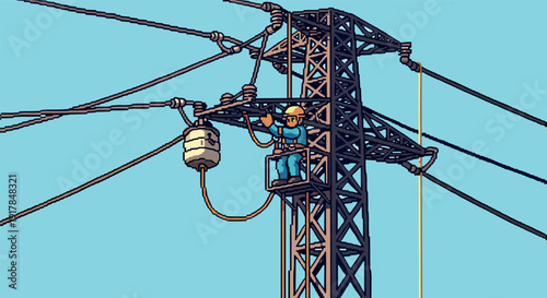 Pixel art of a worker on a transmission tower against a clear sky