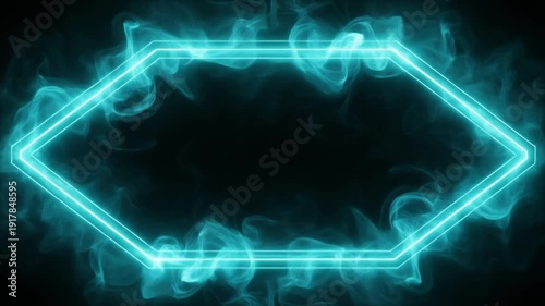 Luminous cyan glowing neon hexagon frame pulsating with ethereal smoke and abstract energy on a dark black background, perfect for futuristic technology presentations,