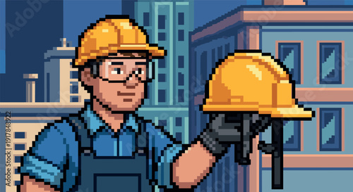 Construction worker holding hard hat in retro pixel art style