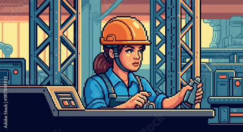Pixel art woman engineer in safety helmet operating machinery in industrial setting