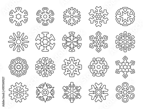 Winter snowflake ornament set in outline line art featuring crystal different shapes and holiday motifs inspired by nordic seasonal frost nature illustration elements