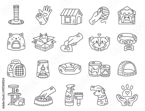 Pet care set in outline line art showing animals daily support through homes toys feeding grooming trust love accessories and daily items