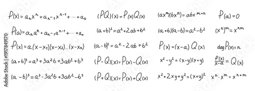 Algebra polynomial formula set featuring definitions operations powers roots factorization identities division addition subtraction theorems degrees expressions equations notation