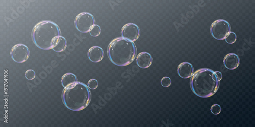 Transparent soap bubbles floating on black and white background. Light glossy spheres with soft reflections. Soap, bubble, transparent, color, air — realistic PNG bubble with glossy finish