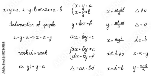 Algebra system equation set for linear methods determinants matrices substitution graphical solutions variables coefficients rank theorem conditions formulas calculations representation