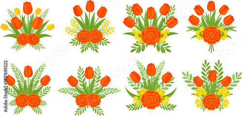 Set of eight symmetrical spring tulip bouquets with orange flowers and green foliage in flat vector style,