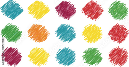 Set of fifteen colorful hand-drawn crayon scribble textures in flat vector style for creative design,