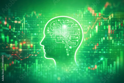 Neon green human head with circuit board brain and stock market graphs in background representing technology and finance concepts JPG image