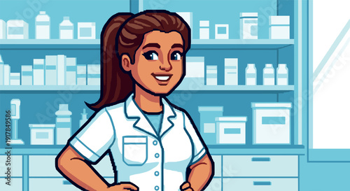 Cheerful female pharmacist in lab coat surrounded by medicines in a pharmacy