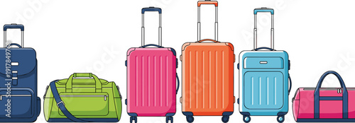 Large set of modern travel luggage with suitcases and duffel bags in flat vector style