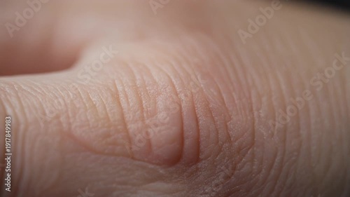 Extreme close up macro shot revealing the irritated skin texture and subtle inflammation of a human finger joint showing signs of dryness or minor dermatological issue