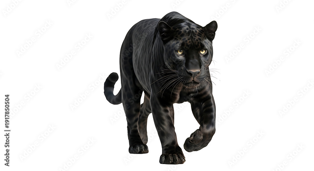 Fototapeta premium Majestic black panther standing on a neutral background with focused gaze PNG isolated on transparent background
