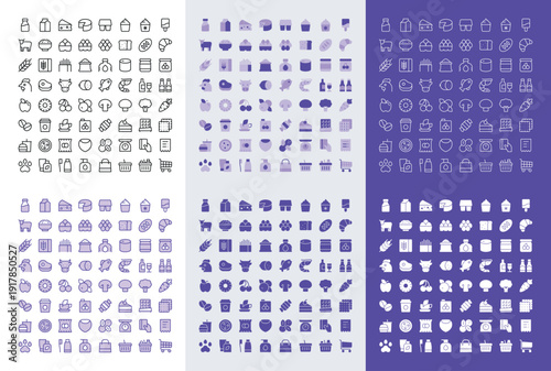 Grocery store and Supermarket icons. Set of solid, outline, flat, duotone vector icons. Food - dairy products, meat, bread, fruits, vegetables, sweets, vector symbols mega pack
