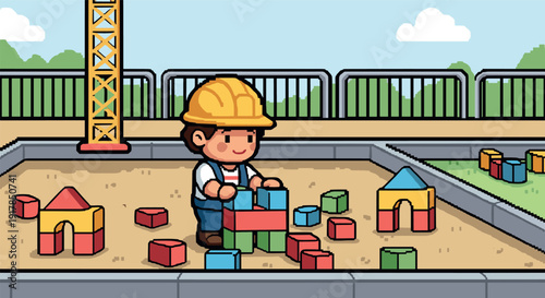 Pixel art child building blocks outdoors with construction theme
