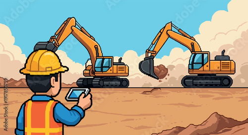 Construction supervisor observes excavators in action in pixel art style landscape