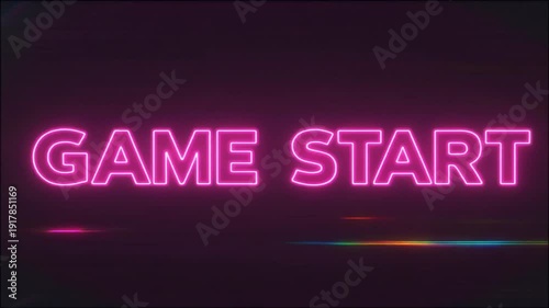 Vibrant glowing neon pink text displaying the phrase GAME START against a deep dark purple background with subtle horizontal light streaks and occasional retro VHS