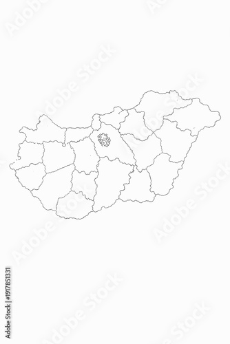 Outline map of Hungary with administrative regions and highlighted central area. Simple black line vector illustration isolated on white background.