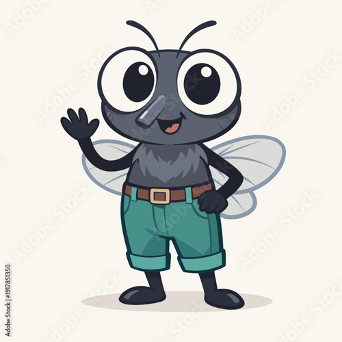 Cute Cartoon Fly Waving Hello Kawaii Insect Character in Pants Friendly Bug Mascot Illustration