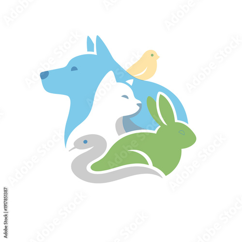 Flat animal care icon featuring dog, cat, rabbit, bird and small pet silhouette. Modern minimal veterinary and pet clinic symbol isolated on light background.