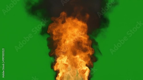 Massive vertical column of intense orange and yellow fire explosion billowing upwards with dark smoke tendrils against a vibrant chroma key green screen background,