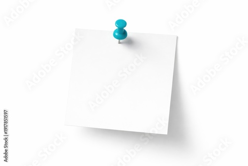 Blank white paper note pinned on white background