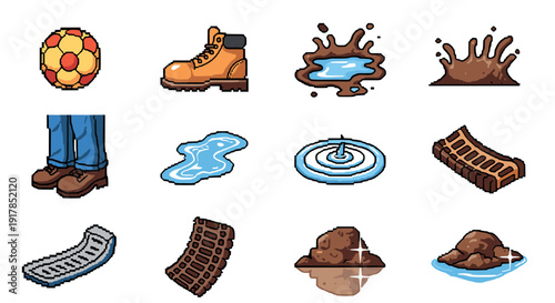 Retro pixel art theme: soccer ball, boots, puddles, and mud elements