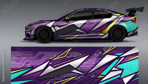 Dynamic purple sports car with abstract geometric racing decal design and flat view of the intricate livery pattern.