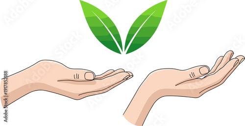 Conceptual environmental stewardship graphic with hands holding green leaves in flat vector style,