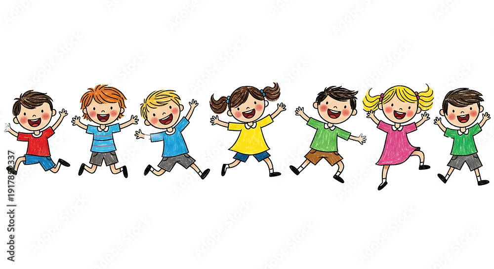 Fototapeta premium Group of cheerful children running together outdoors on a sunny day isolated on transparent background