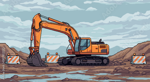 Pixel art excavator at construction site against cloudy sky