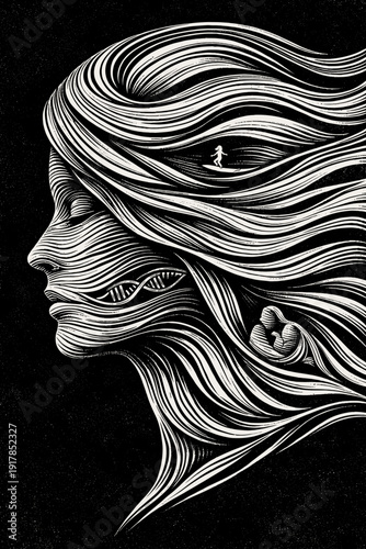 Surreal black and white portrait of woman in profile with flowing hair blending into abstract waves. Detailed conceptual art symbolizing thoughts, emotion and inner world.