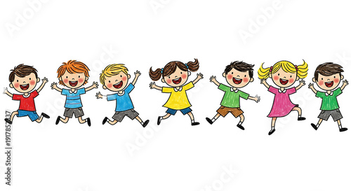 Group of cheerful children running together outdoors on a sunny day isolated on transparent background