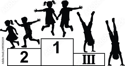 Black silhouette illustration of happy children jumping on winners podium, playful childhood celebration, teamwork, friendship, success concept, joy, freedom, fun activity