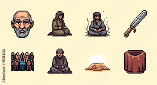Retro pixel art icons of monks, sword, and treasure