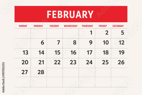 February monthly calendar page with red header and date grid. Clean minimal planner template layout isolated on light background, suitable for scheduling.