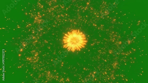 Brilliant golden firework explosion effect with thousands of shining sparks radiating outwards in a dynamic burst of bright orange light against a vibrant chroma key