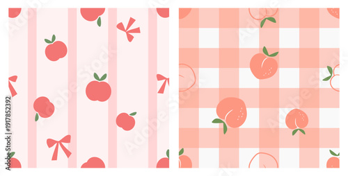Seamless apple, cherry and peach fruit pattern on pastel striped and gingham background.