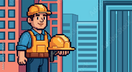 Construction worker in pixel art style holding safety helmet in cityscape background