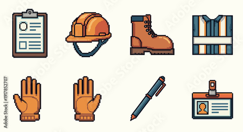 Pixel art construction equipment and safety gear icons set