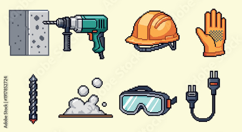 Pixel art construction tools and safety gear set