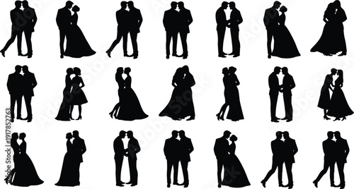 Large collection of wedding silhouettes featuring brides and grooms in romantic poses, embracing, kissing, and celebrating their marriage and love.
