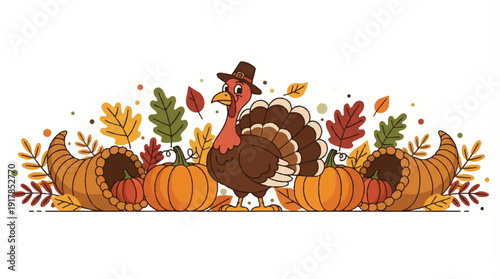 cartoon turkey wearing hat surrounded by pumpkins and leaves