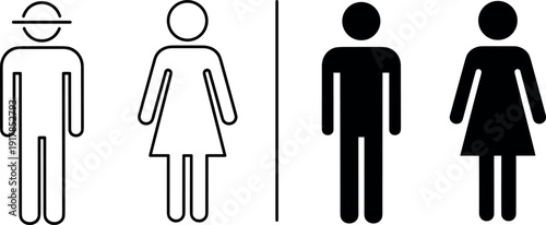 Restroom sign gender icons, male and female bathroom symbols, washroom navigation signage, cad drawing flat vector illustration, public toilet direction,