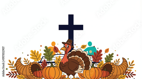 Cartoon turkey wearing pilgrim hat surrounded by pumpkins and leaves with cross on white background