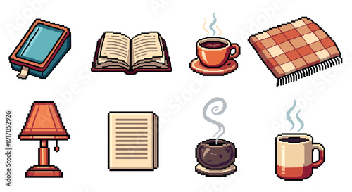 Cozy pixel art coffee and reading elements for relaxation and comfort