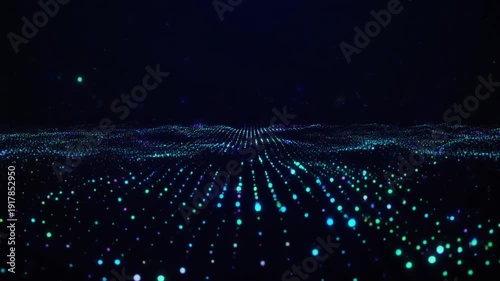Abstract digital wave surface composed of glowing cyan and blue particles moving rhythmically across a dark, infinite space representing futuristic technology, big data
